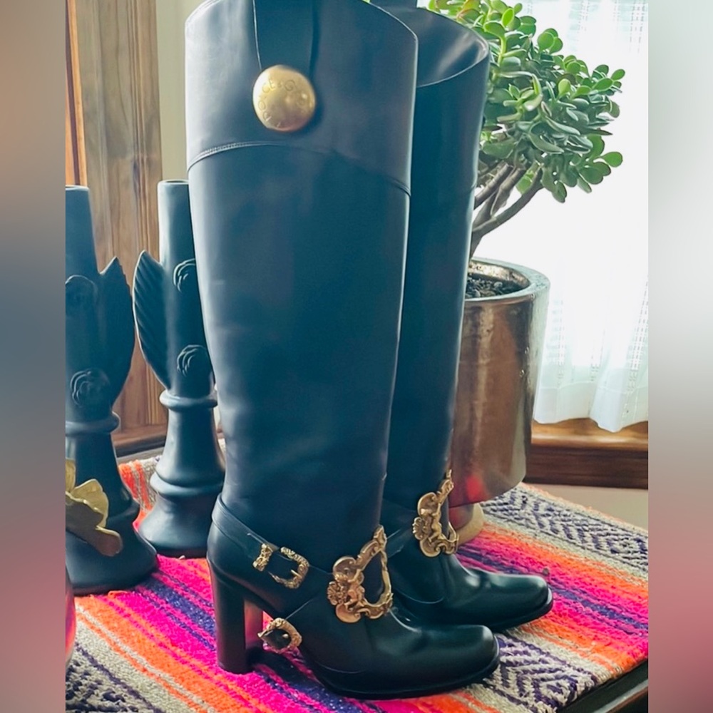 DOLCE & GABBANA VTG Black Leather Baroque Gold Pirate Riding Boots 36 6 Like New - Picture 9 of 16
